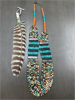 NATIVE BEADED NECKLACE AND BEADED FEATHER