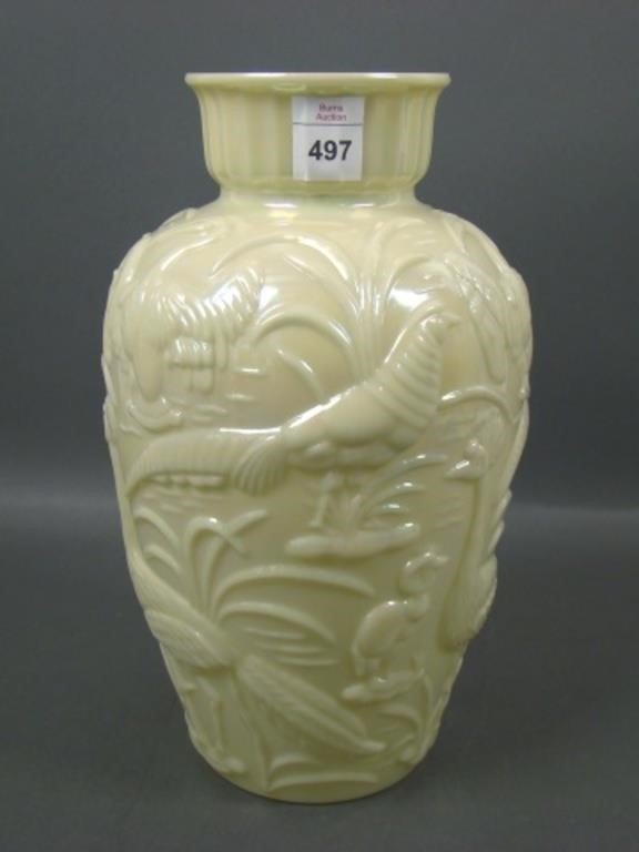Gillinder Iridised Custard Puffy Peacock Vase