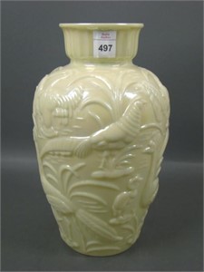 Gillinder Iridised Custard Puffy Peacock Vase