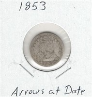 1853 U.S. Silver Seated Liberty Dime - Arrows at