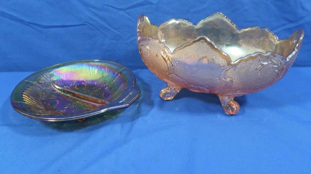 Carnival Glass Lustreware Footed Bowl, Divided