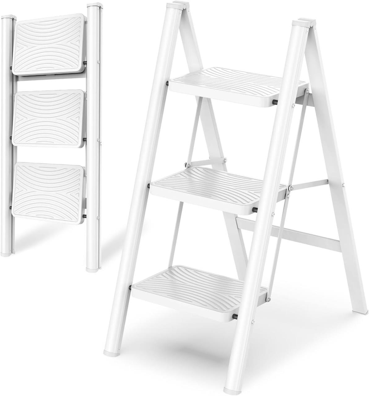 HBTower 3 Step Ladder  White  Anti-Slip