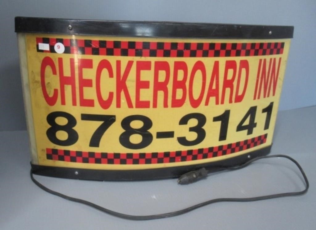 Checker board inn car topper sign, 12.25" x 24".