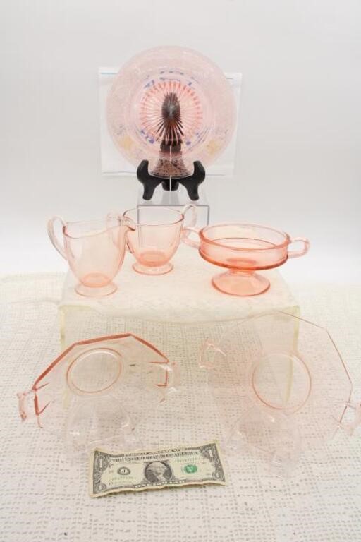 (6) PINK GLASS PIECES: NUT DISH, SUGAR & CREAMER