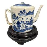 Antique Canton Drum Blue & White Teapot