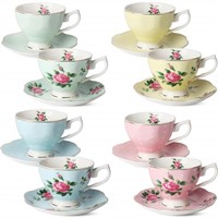 BTaT- Floral Tea Cups and Saucers, Set of 8 (8 oz)