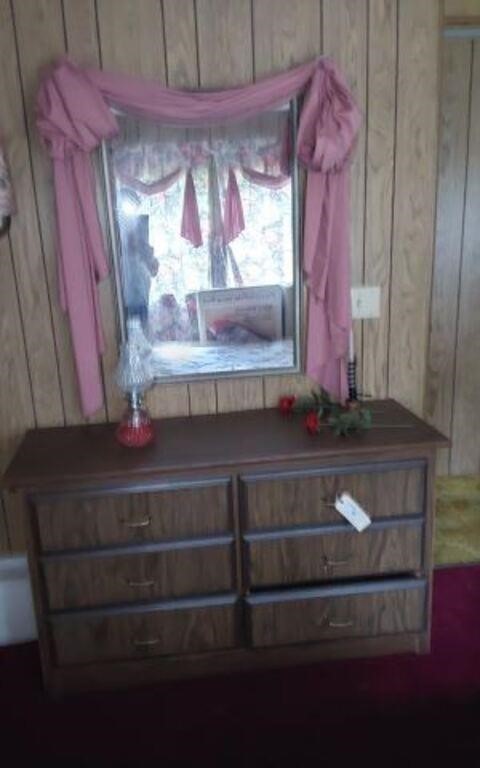 DRESSER- OIL LAMP- MIRROR - NIGHTSTAND- BED