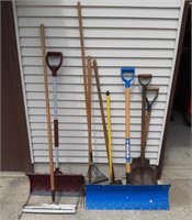 Assorted Lawn Tools, Snow Shovels, Rakes, Shovels