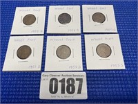 Wheat Cnt 1951D,1952D,1953S,1955D,1956D,1957D