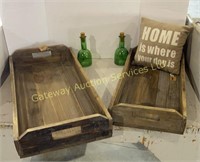 2 Wooden Trays, Pillow, Glass Bottles