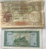Cambodia 1 Riel & New Caidonia 5 Franc