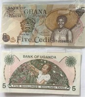 Ghanan 5 Cedis & Uganda 5 Shillings World Paper