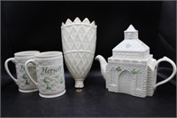 Vintage Belleek Teapot, Cups, Wall Pocket Vase