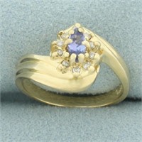 Tanzanite and Diamond Flower Bypass Ring in 14k Ye