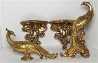 Gilt Syroco Peacocks & Gilt Plaster Wall Shelves