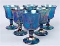6 Blue Carnival Glass Wine Goblets