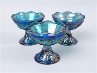 3 Blue Carnival Glass Candle Holders