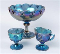 Blue Carnival Glass Compote, Creamer & Sugar