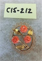 C15-212  gold filled pin w/carved coral roses