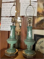 Antique Stunning Mary Gregory Green Pair of Lamps