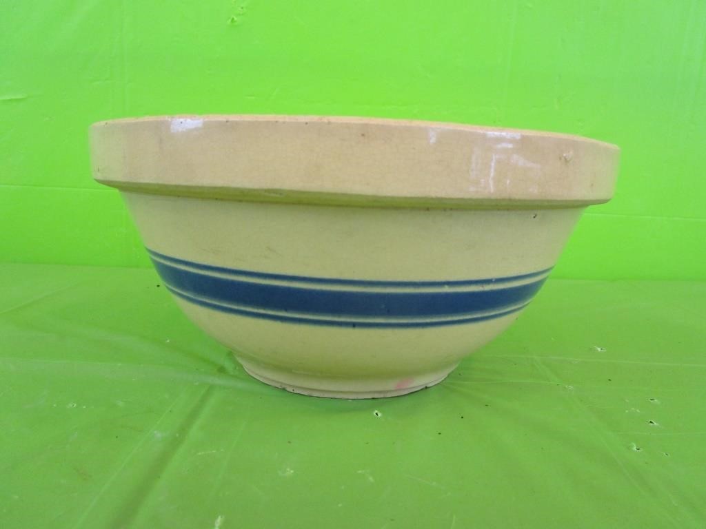 Blue Banded Yellow Ware Bowl 4 3/4" x 10" Rd