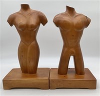 2 Hand Carved Wooden Male & Female Nudes