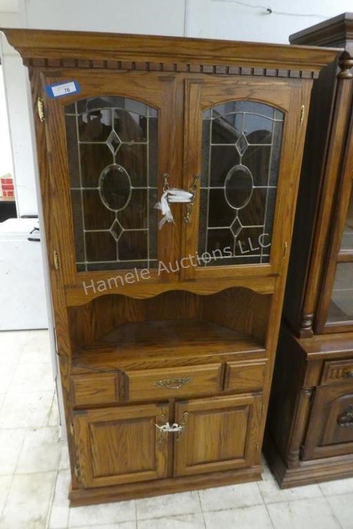 Corner cabinet, 3 ft wide x 76 in tall, lighted