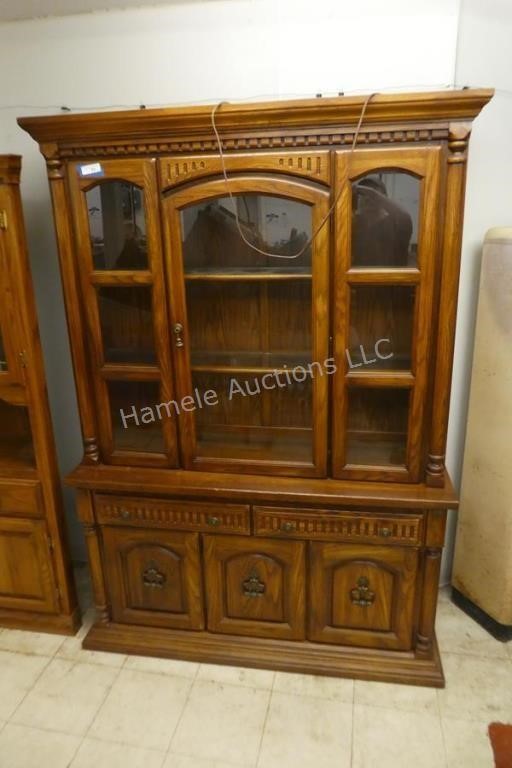 China cabinet, 2 pc lighted, 56 in wide x 80 in ta