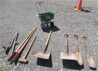 Scotts lawn spreader, sledge hammer, shovels etc.