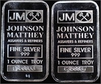 (2) 1 OZ .999 SILVER JOHNSON MATTHEY BARS