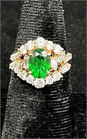 Sterling Silver GP & Emerald Ring - Sz 6.5