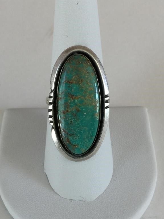 SILVER TONE RING WITH BLUE STONE TURQUOISE SIZE 8