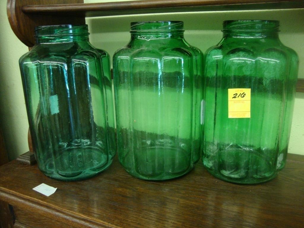 Lot of three old green glass jars
