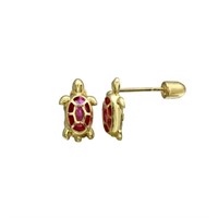 14 Karat Yellow Gold Turtle Red Crystal Earrings