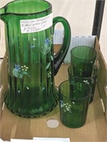 VICTORIAN HANDPAINTED GLASS PITCHER AND GLASSES