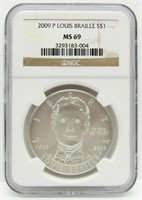 2009P LOUIS BRAILLE SILVER COMMEM NGC MS69