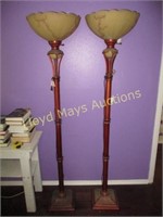 Pair Of Glass & Metal Torchiere Pole Lamps