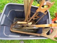 TOTE OF HAND SAWS AND PICK AXES