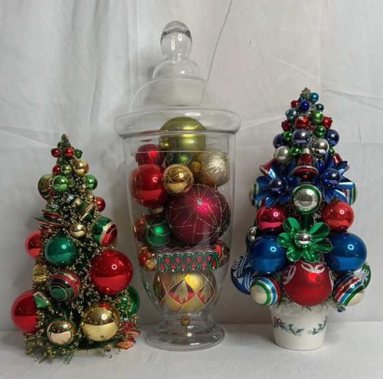Apothecary Jar Filled W/ Ornaments & 2 Ornament