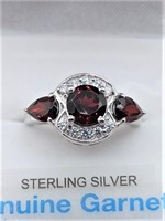 STERLING SILVER GARNET & CUBIC ZIRCONIA RING