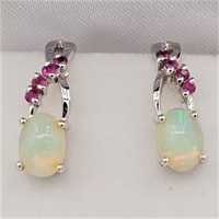 PR STERLING SILVER WHITE OPAL & RUBY EARRINGS