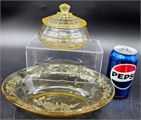 Yellow Depression Glass - Candy Jar w Lid,  Bowl