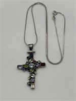 Sterling Silver Faceted Gemstone Cross Necklace