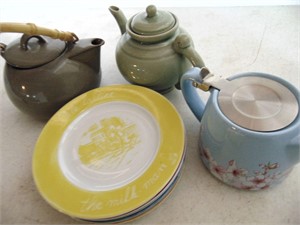 Three Tea Pots and Set of Dessert Plates. One Tea