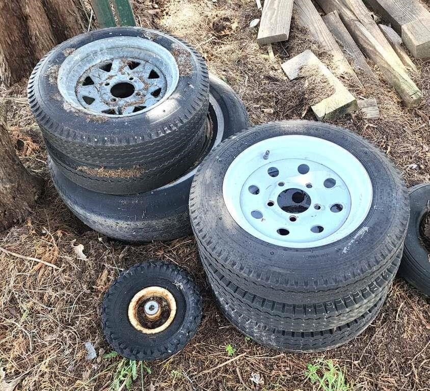 two lots steeel rims trailer tires as found
