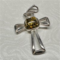 Sterling and Amber Cross Pendant