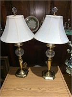 Pair of brass bass candlestick lamps crystal