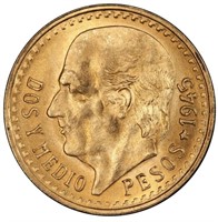 1945 Mexico 2 1/2 Pesos Brilliant Unc. Gold Coin