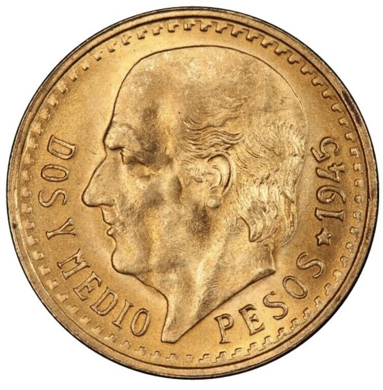 1945 Mexico 2 1/2 Pesos Brilliant Unc. Gold Coin