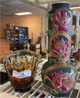 Hand-Painted Vase & Amber Art Glass Bowl